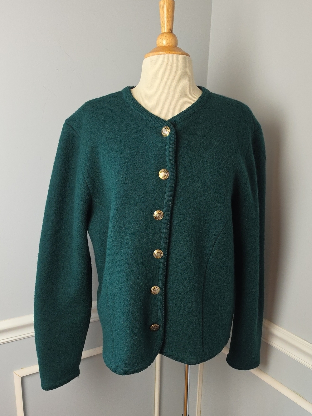 ALEXANDRA BARTLETT 100% Wool Green Gold Tone Button VTG 80s Cardigan Sweater L